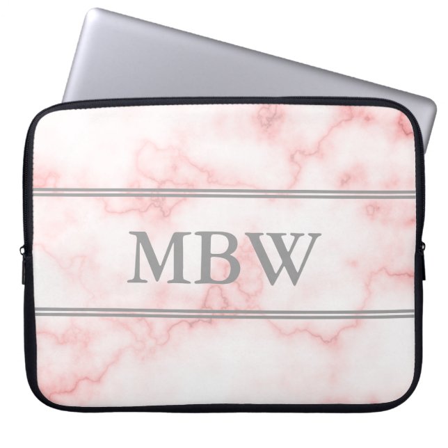 Elegant Faux Pink Marble Grey Monogram Laptop Sleeve (Front)