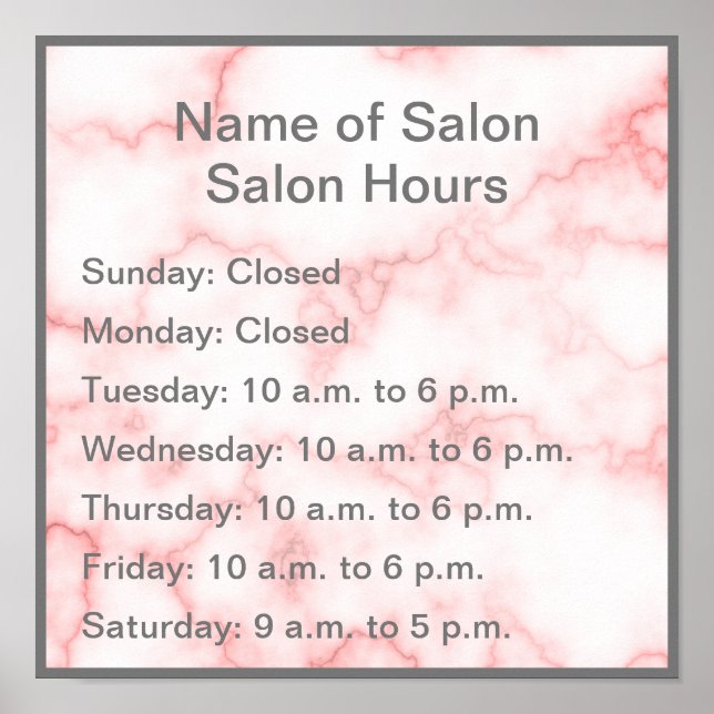 Elegant Faux Pink Marble Hours of Operation Poster (Front)