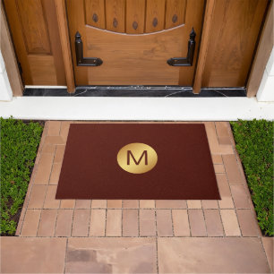 Elegant Faux Red Leather & Gold Monogram Initial  Doormat