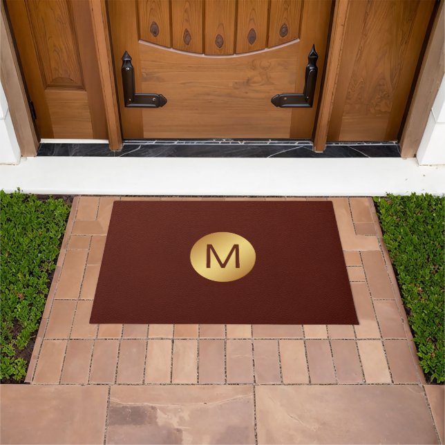 Elegant Faux Red Leather & Gold Monogram Initial  Doormat (Outdoor)