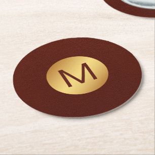 Elegant Faux Red Leather & Gold Monogram Initial Round Paper Coaster