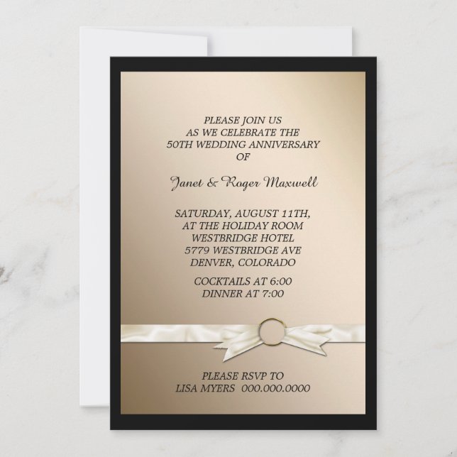 Elegant Faux Ribbon Golden Wedding Anniversary Invitation (Front)