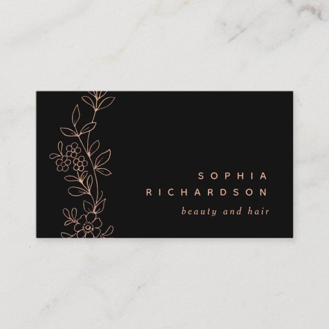 Elegant Faux Rose Gold Botanical on Black Business Card (Front)