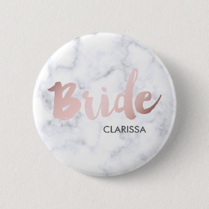 elegant faux rose gold "bride" white marble 2 inch round button
