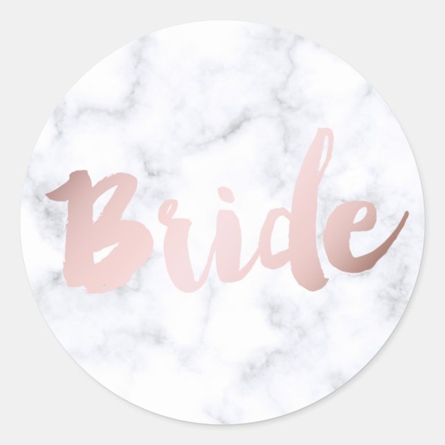 elegant faux rose gold "bride" white marble classic round sticker (Front)