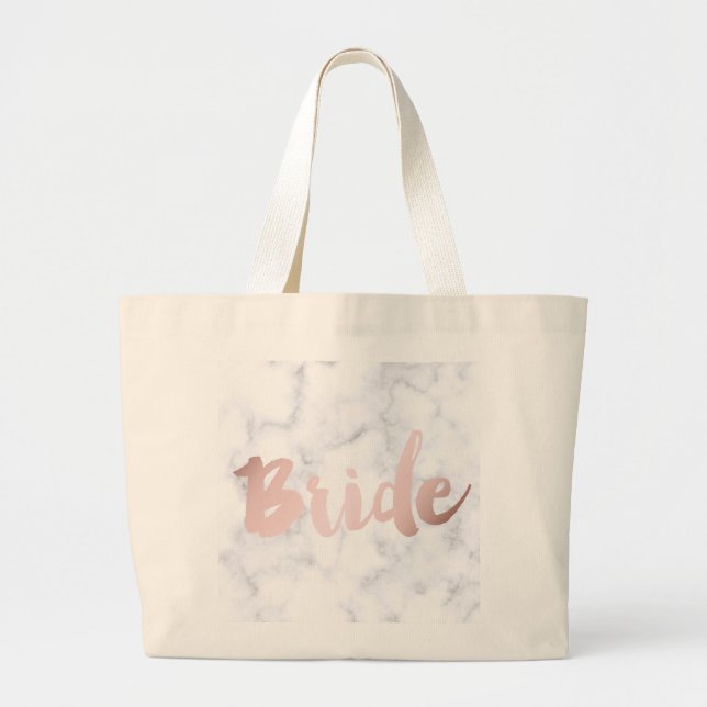 elegant faux rose gold "bride" white marble large tote bag (Front)