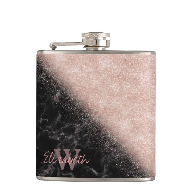 Elegant faux rose gold confetti black marble image hip flask (Front)