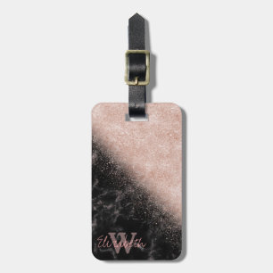 Elegant faux rose gold confetti black marble image luggage tag