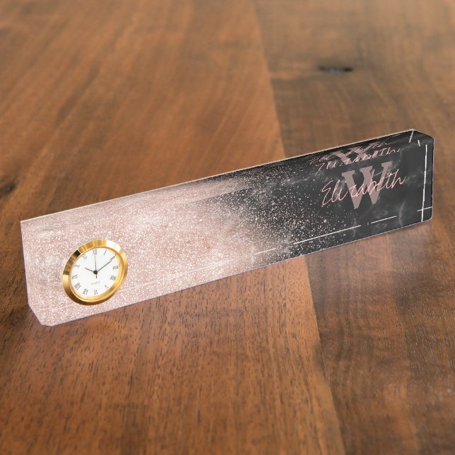 Elegant faux rose gold confetti black marble image nameplate (Side)