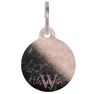 Elegant faux rose gold confetti black marble image pet tag