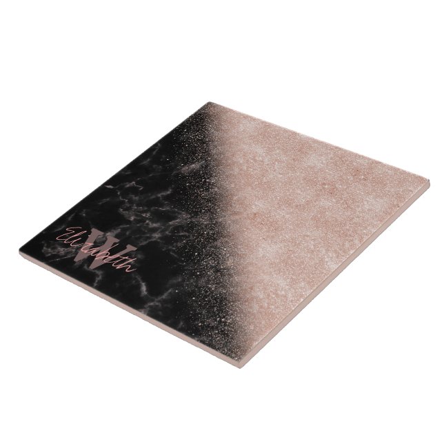 Elegant faux rose gold confetti black marble image tile (Side)