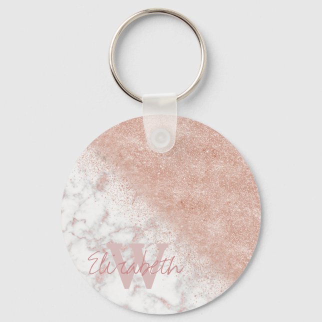 Elegant faux rose gold confetti white marble image keychain (Front)