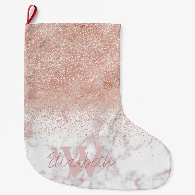 Elegant faux rose gold confetti white marble image large christmas stocking (Front)