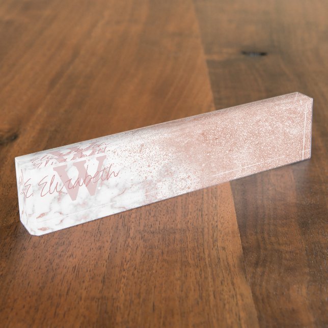 Elegant faux rose gold confetti white marble image nameplate (Side)
