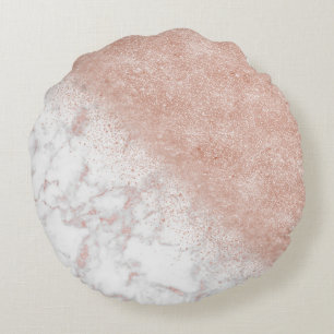 Elegant faux rose gold confetti white marble image round pillow
