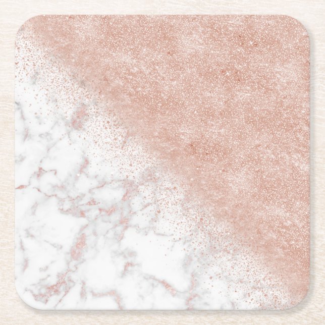 Elegant faux rose gold confetti white marble image square paper coaster (Front)