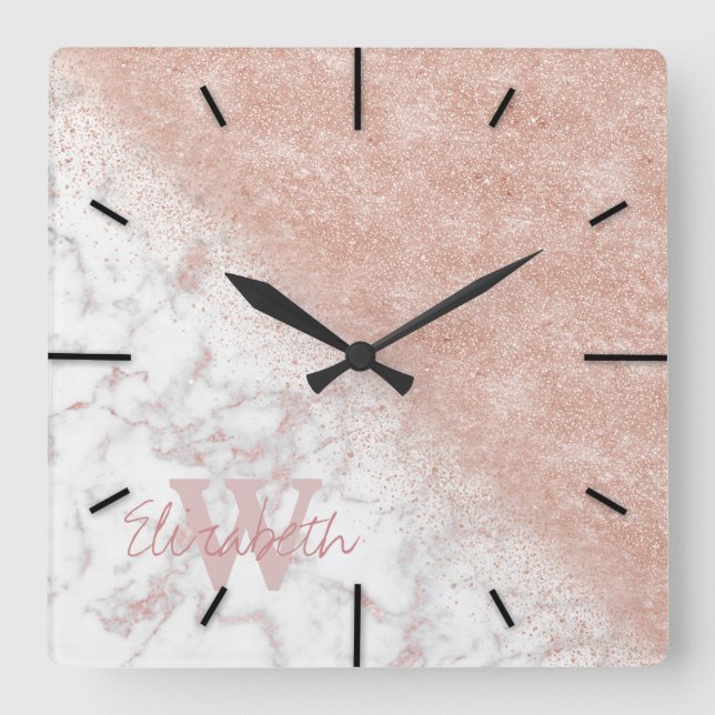 Elegant faux rose gold confetti white marble image square wall clock (Front)
