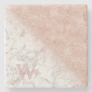 Elegant faux rose gold confetti white marble image stone coaster