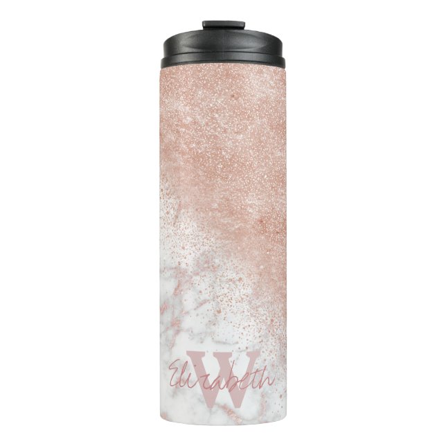 Elegant faux rose gold confetti white marble image thermal tumbler (Front)