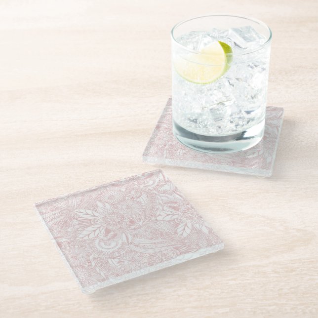 Elegant faux rose gold floral mandala design glass coaster (Angled)