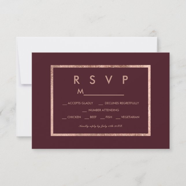 Elegant faux rose gold frame marsala RSVP (Front)