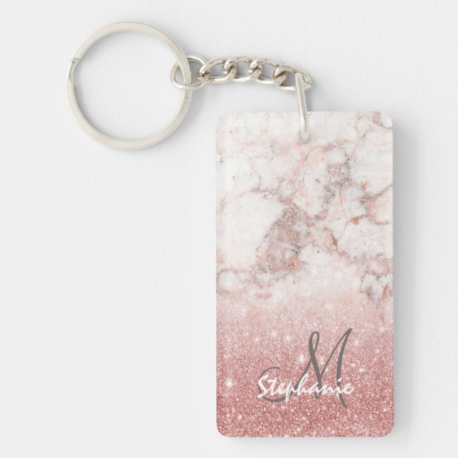 Elegant Faux Rose Gold Glitter White Marble Ombre Keychain (Front)