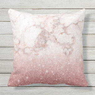 Elegant Faux Rose Gold Glitter White Marble Ombre Outdoor Pillow