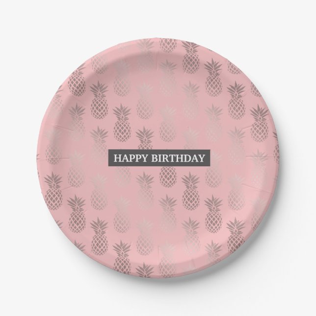 Elegant faux rose gold pink pineapple pattern paper plate (Front)