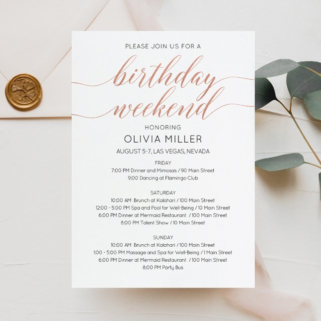Elegant Faux Rose Gold Weekend Birthday Itinerary Invitation (Creator Uploaded)