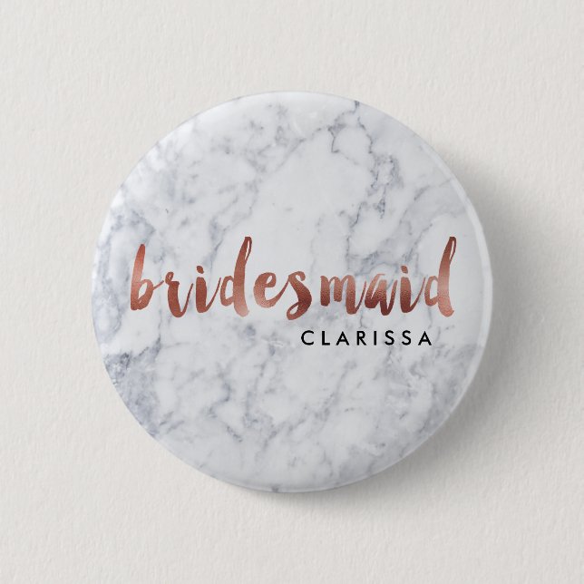 elegant faux rose gold white marble bridesmaid 2 inch round button (Front)