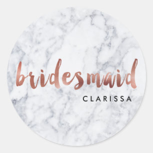 elegant faux rose gold white marble bridesmaid classic round sticker