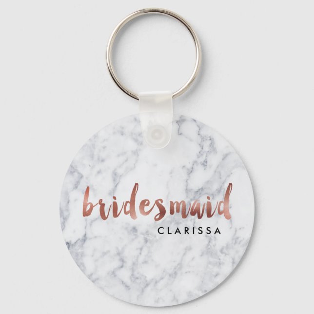 elegant faux rose gold white marble bridesmaid keychain (Front)