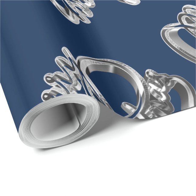 Elegant Faux Silver Foil Script Christmas Blue Wrapping Paper (Roll Corner)