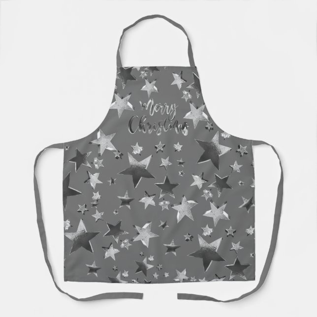 Elegant Faux Silver Grey Merry Christmas Stars Apron (Front)