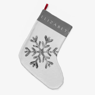 Elegant Faux Silver Grey Snowflake with Name Large Christmas Stocking