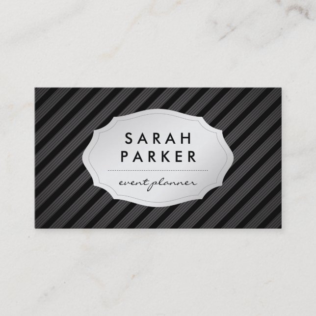 Elegant Faux Silver Label with Stripe Pattern Business Card (Front)
