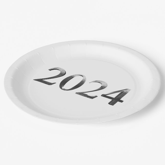 Elegant Faux Silver Numbers Happy New Year 2024 Paper Plate (Angled)