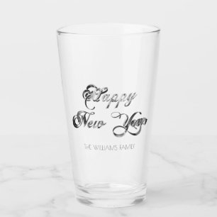 Elegant Faux Silver Script Happy New Year Glass
