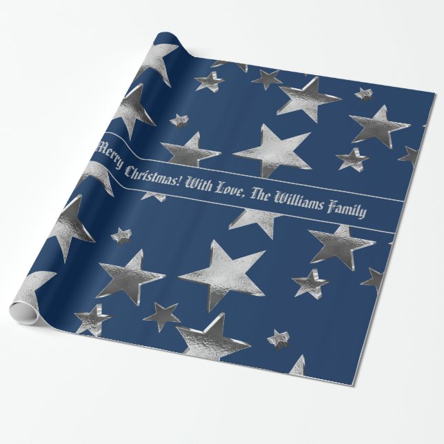 Elegant Faux Silver Stars Pattern Blue Christmas Wrapping Paper (Unrolled)