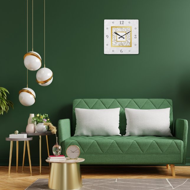 Elegant Faux White Leather Marble Gold Monogram Square Wall Clock (Creator Uploaded)