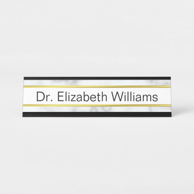 Elegant Faux White Marble and Gold Text Template Desk Name Plate (Front)