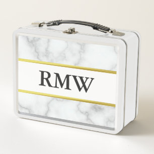 Elegant Faux White Marble Black Monogram Text Metal Lunch Box