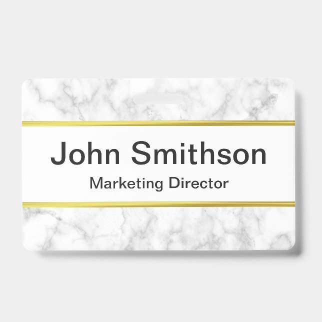 Elegant Faux White Marble Black Name Job Title Badge (Front)