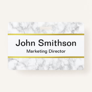 Elegant Faux White Marble Black Name Job Title Badge