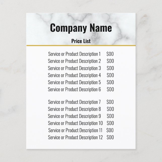 Elegant Faux White Marble Business Price List Flyer (Front)