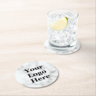 Elegant Faux White Marble Business Your Logo Here Round Paper Coaster