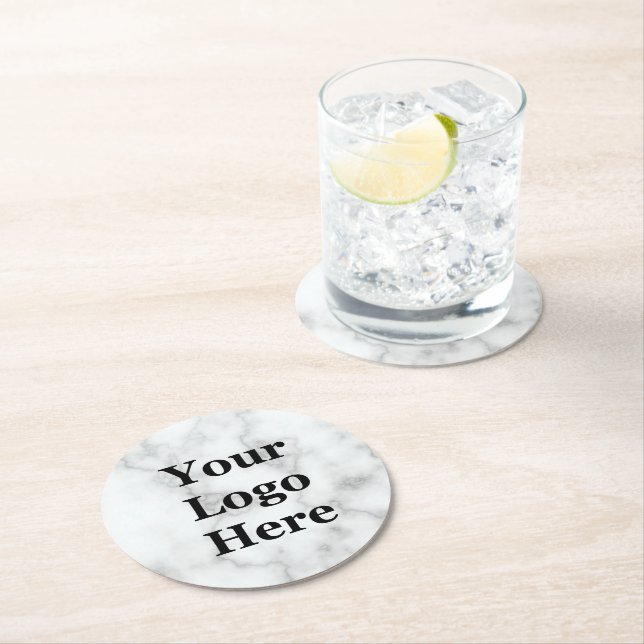 Elegant Faux White Marble Business Your Logo Here Round Paper Coaster (Insitu)