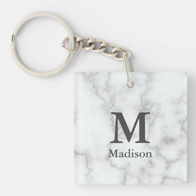 Elegant Faux White Marble Gray Monogram Name Keychain (Front)