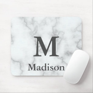 Elegant Faux White Marble Grey Name and Monogram Mouse Pad