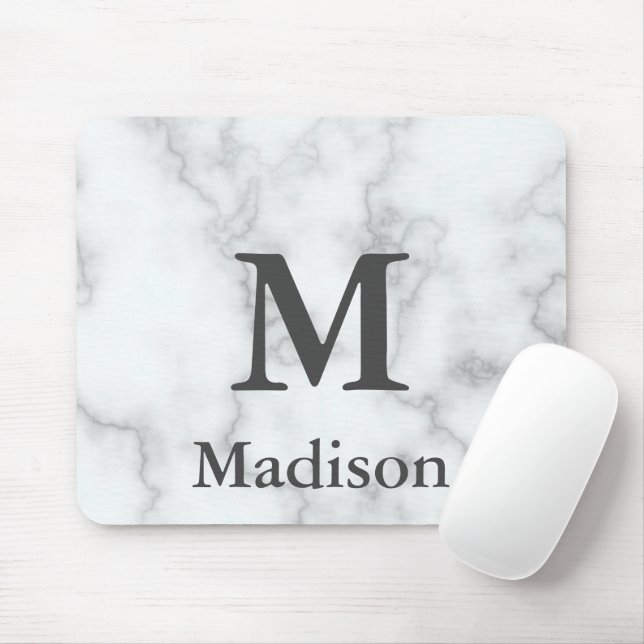 Elegant Faux White Marble Grey Name and Monogram Mouse Pad (With Mouse)